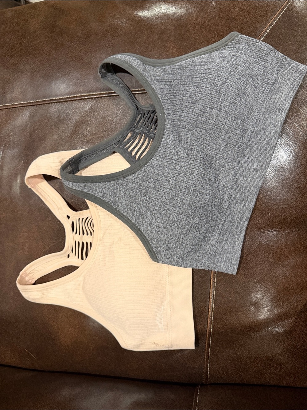 Two Racerback Sports Bras in Gray and Blush